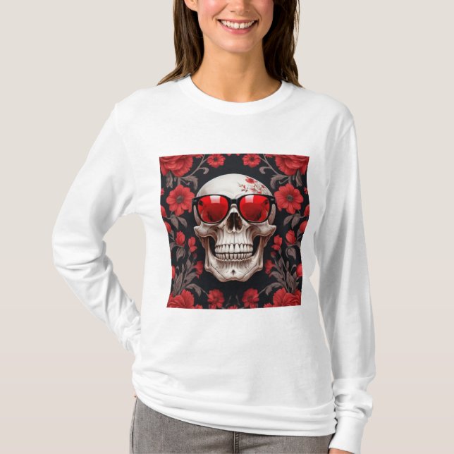 Camiseta Red Floral 3D Cráneo Muerto llevando gafas de sol (Anverso)