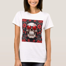 Camiseta Red Floral 3D Cráneo Muerto llevando gafas de sol
