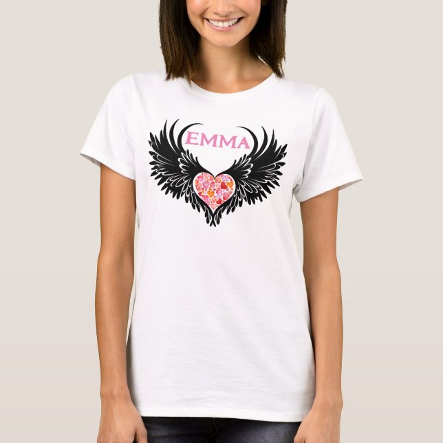 Camiseta Red heart angel black wings (Anverso)