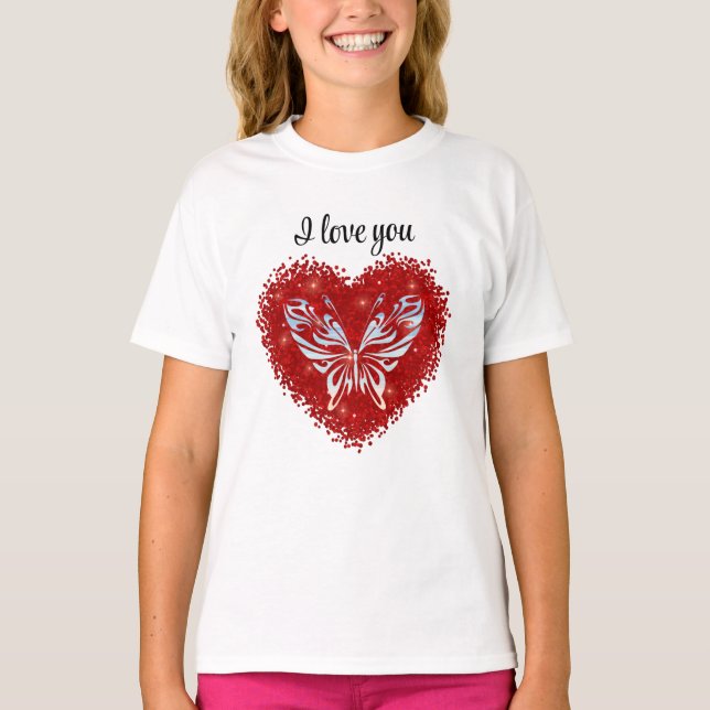 Camiseta Red heart glitter butterfly (Anverso)
