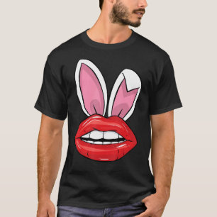 Camiseta Red Lips Bunny Ears Easter Day Funny Chicas