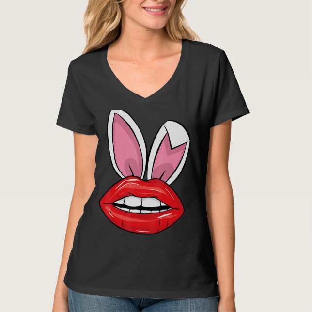 Camiseta Red Lips Bunny Ears Easter Day Funny Chicas (Anverso)