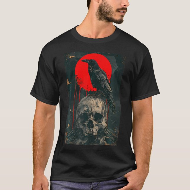 Camiseta Red Moon Black Gothic Raven Skull Gráfica Black Cr (Anverso)