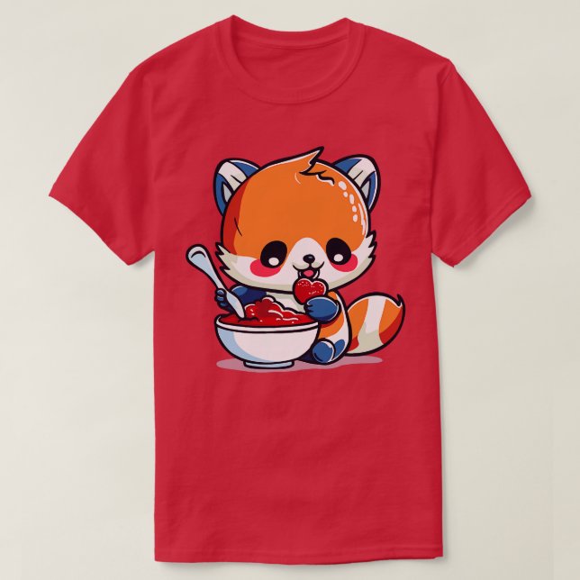Camiseta Red Panda eating a bowl of Strawberry Pudding (Diseño del anverso)