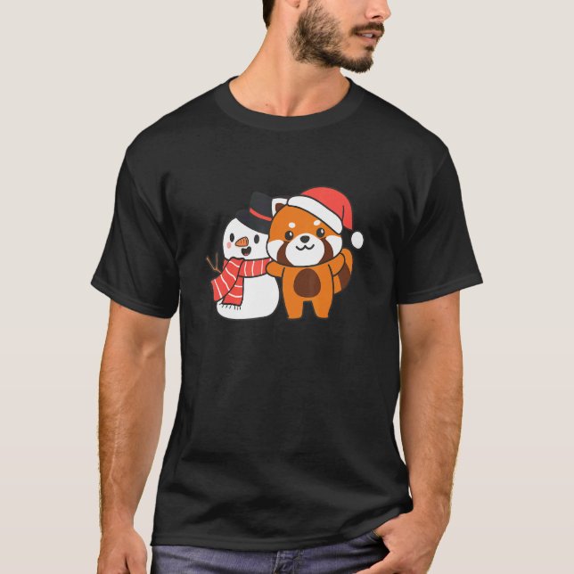 Camiseta Red Panda With Snowman In Winter For Christmas (Anverso)