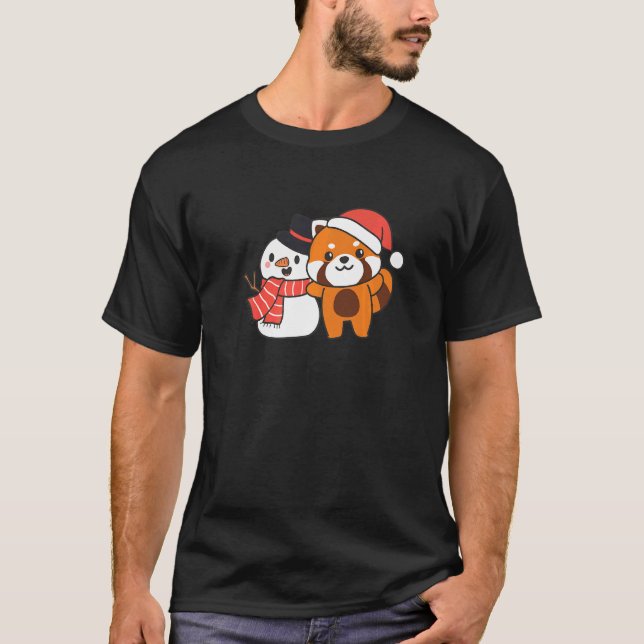 Camiseta Red Panda With Snowman In Winter For Christmas   (Anverso)
