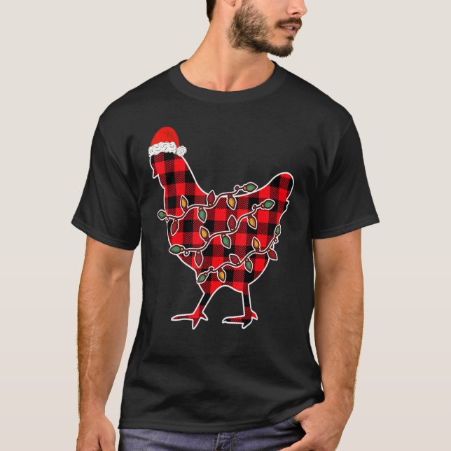 Camiseta Red Plaid Pajama Chicken Santa Hat Navidades Light (Anverso)