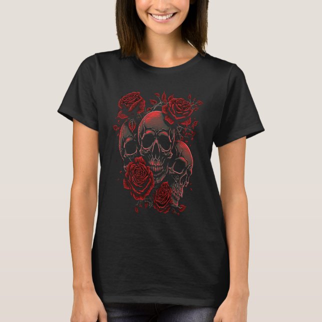 Camiseta Red Roses With A Skull Floral Flower (Anverso)