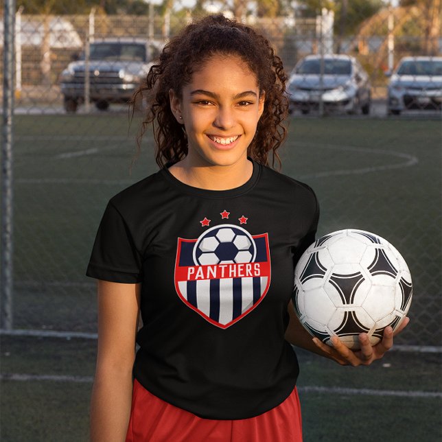 Camiseta Red Soccer Shield Team, nombre del jugador y númer (Girls red soccer t-shirt with custom team name, player name and player number.)