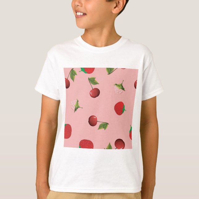 Camiseta Red Strawberry and Cherry Pattern Pink Fruit (Anverso)