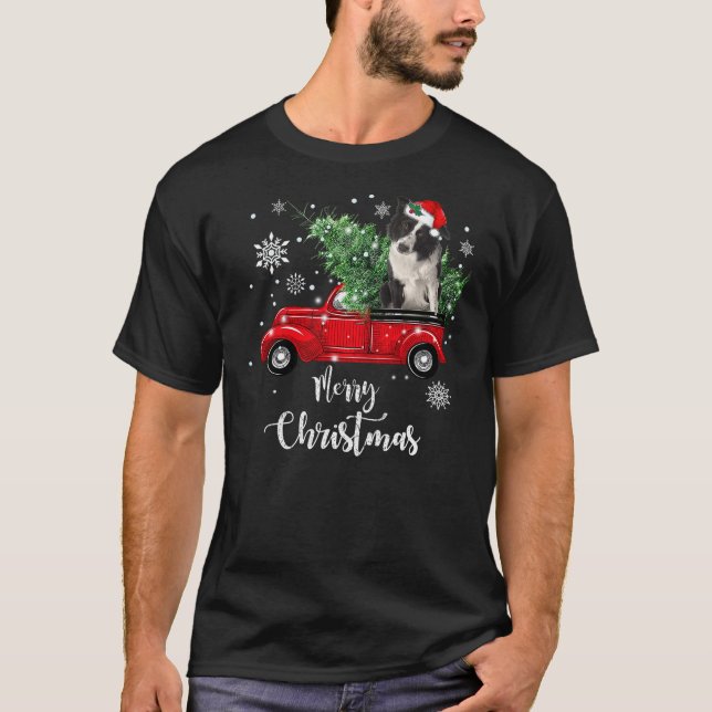 Camiseta Red Truck Merry Christmas Tree Border Collie Dog C (Anverso)