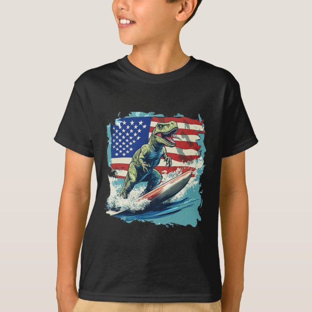 Camiseta Red White Blue Dinosaur Surfing For Patriotic Juri (Anverso)