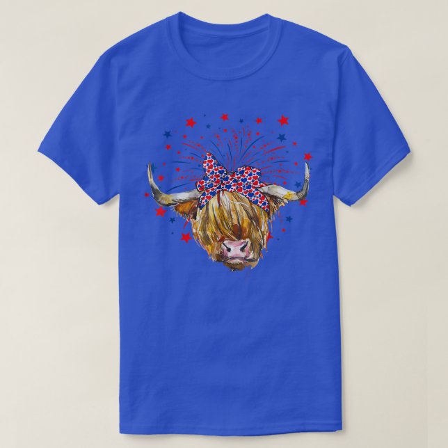 Camiseta Red White Blue Highland Cow Patriot farmer USA 4th (Diseño del anverso)