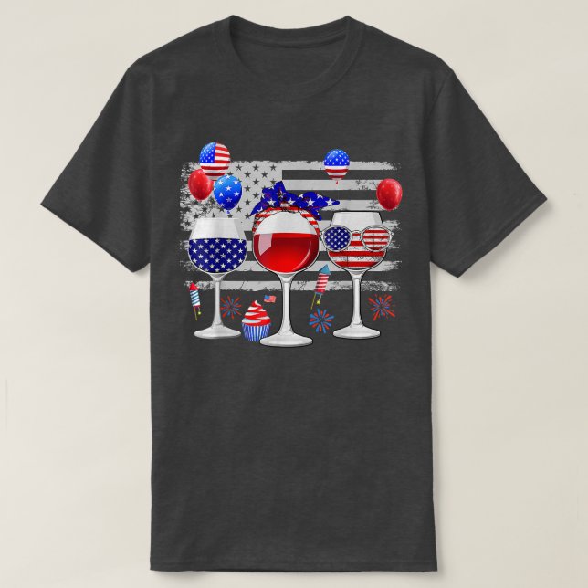 Camiseta Red White Blue Three Wine Glasses American Flag 4t (Diseño del anverso)