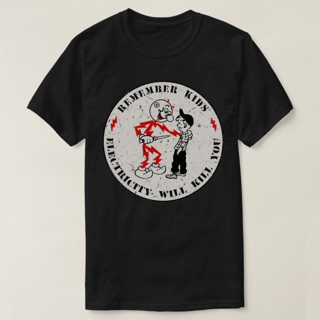 Camiseta Reddy Kilowatt recuerda que la electricidad matará (Diseño del anverso)