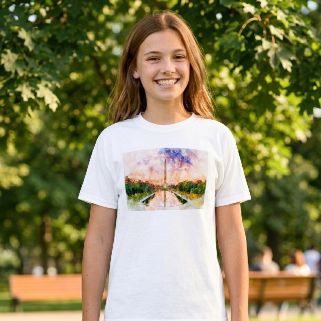 Camiseta Reflejo del Monumento a Washington en Puesta de So (Washington Monument Watercolor Sunset Reflection. Girl Basic White T-Shirt)