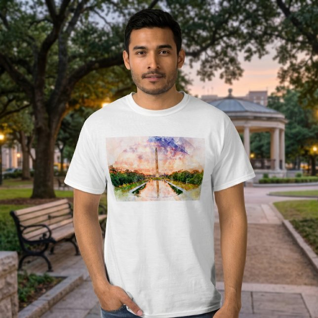 Camiseta Reflejo del Monumento a Washington en Puesta de So (Washington Monument Watercolor Sunset Reflection. Men Basic White T-Shirt)