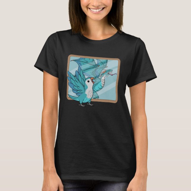Camiseta Reflexión de loro y dragón I Parakeet Monk Azul Qu (Anverso)