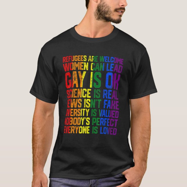 Camiseta Refugiados: Ciencia De Bienvenida Real Gay Está Bi (Anverso)