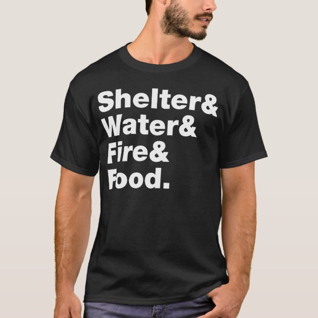 Camiseta Refugio de supervivencia Agua Fuego Comida chico d (Anverso)