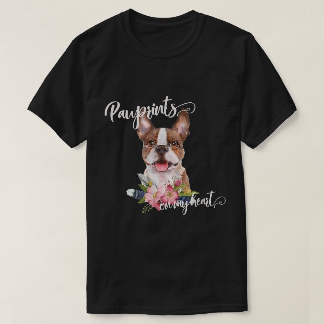 Camiseta Regalo de Boston Terrier marrón con flores y pluma (Diseño del anverso)