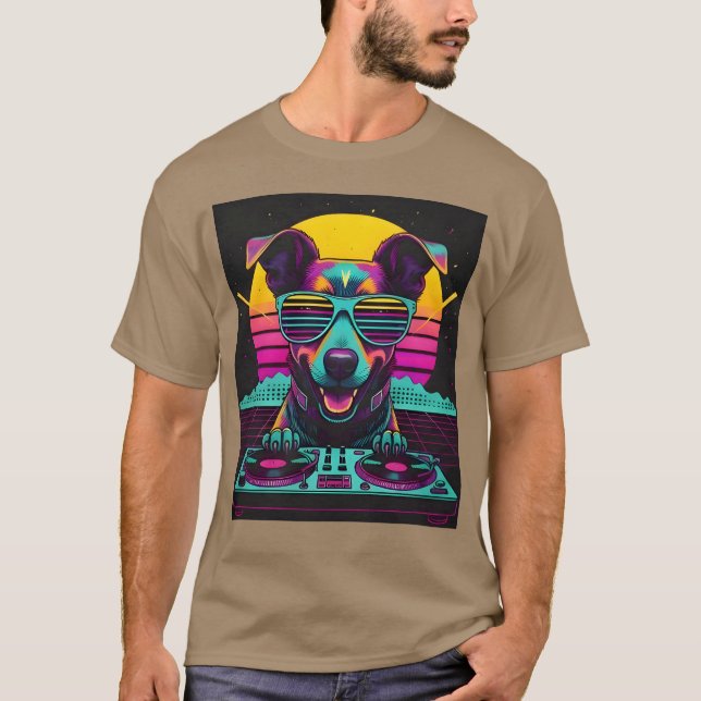 Camiseta Regalo de DJ Synthwave de cachorro de neón (Anverso)