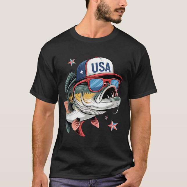 Camiseta Regalo divertido de pesca y pescador Bandera Ameri (Anverso)