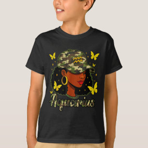 Camiseta Reina de Acuario Mujer Negra Gorro Camuflaje Cumpl
