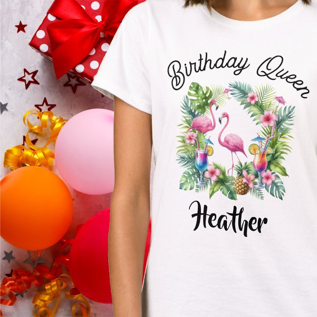 Camiseta Reina de cumpleaños del flamenco tropical (Tropical Flamingo Birthday Queen T-shirt for Delightful Birthday Party!  Enjoy Tropical vibes!)