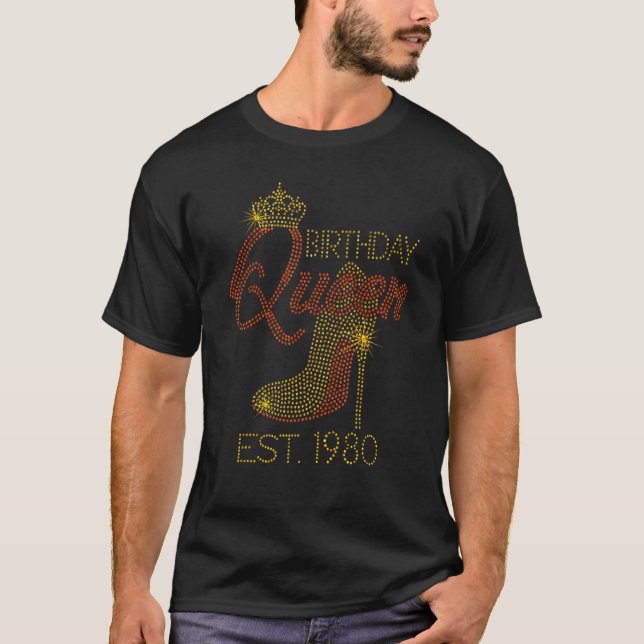 Camiseta Reina de cumpleaños Est 1980 Zapatos Reina Corona  (Anverso)