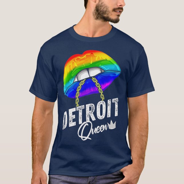 Camiseta Reina de Detroit LGBTQ Orgullo Gay Ciudad Bandera  (Anverso)