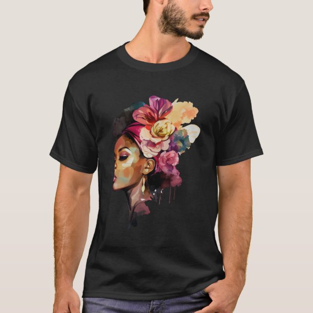 Camiseta Reina negra diosa nubia africana con flores (Anverso)