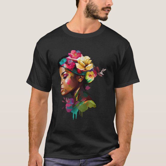 Camiseta Reina negra diosa nubia africana con flores 5 (Anverso)