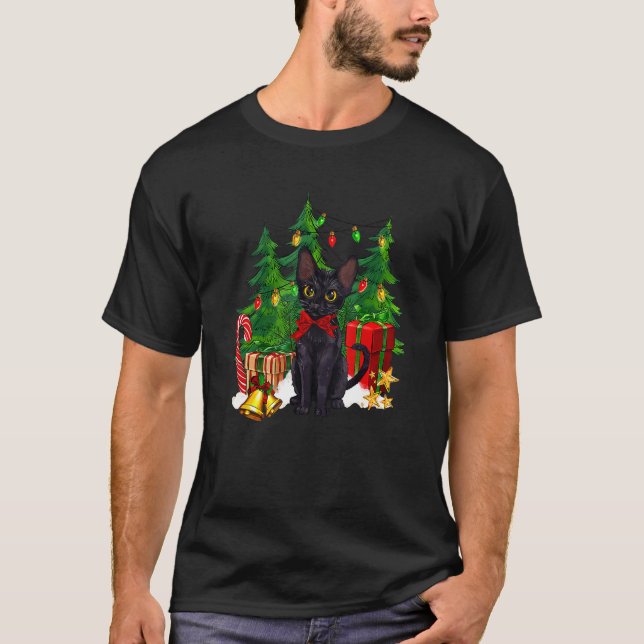 Camiseta Reindeer Santa Hat Black Cat Christmas Lights Cute (Anverso)