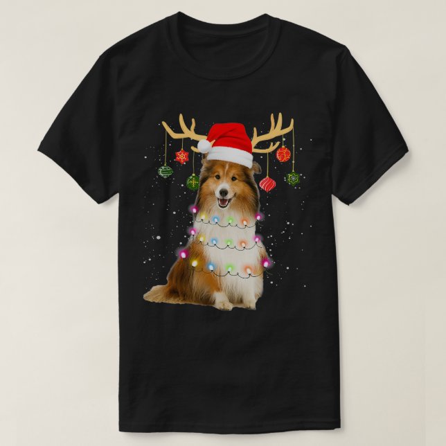Camiseta Reindeer Sheltie Dog Santa Hat Christmas Light Xma (Diseño del anverso)