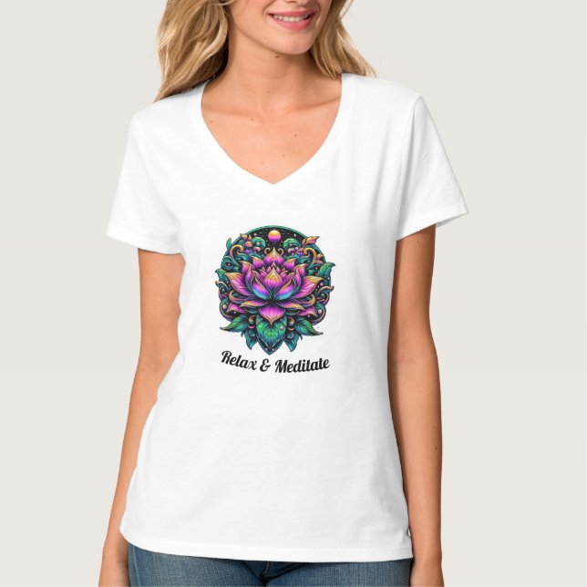 Camiseta Relájese y medite con la flor Lotus Green Purple (Anverso)