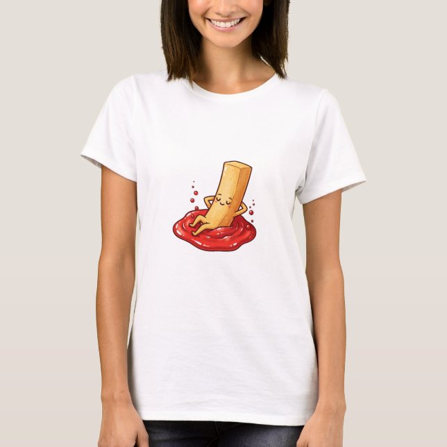 Camiseta Relaxed French Fry Character Lounging in Ketchup (Anverso)
