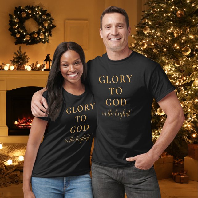 Camiseta Religioso moderno cristiano basado en oro negro (Modern, religious t-shirt with Glory to God in the Highest Bible verse in gold & black.)