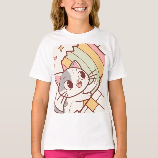 Camiseta Reloj de pared de gato Kawaii lindo  (Anverso)