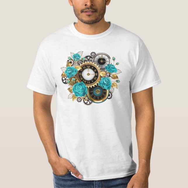 Camiseta Reloj de vapor y Rosas turquesa a rayas (Anverso)