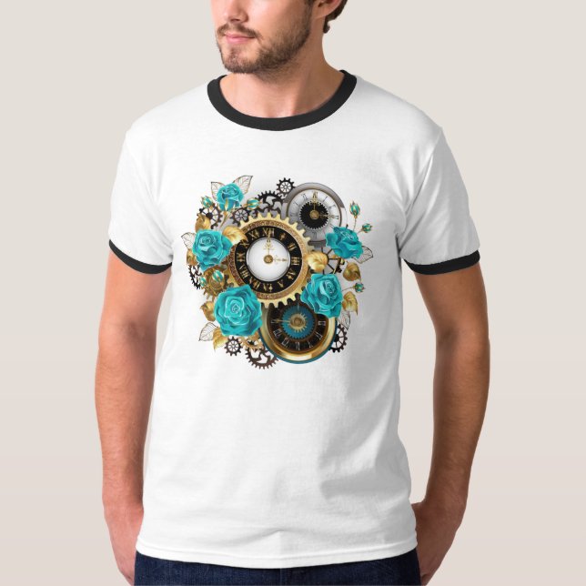 Camiseta Reloj de vapor y Rosas turquesa a rayas (Anverso)