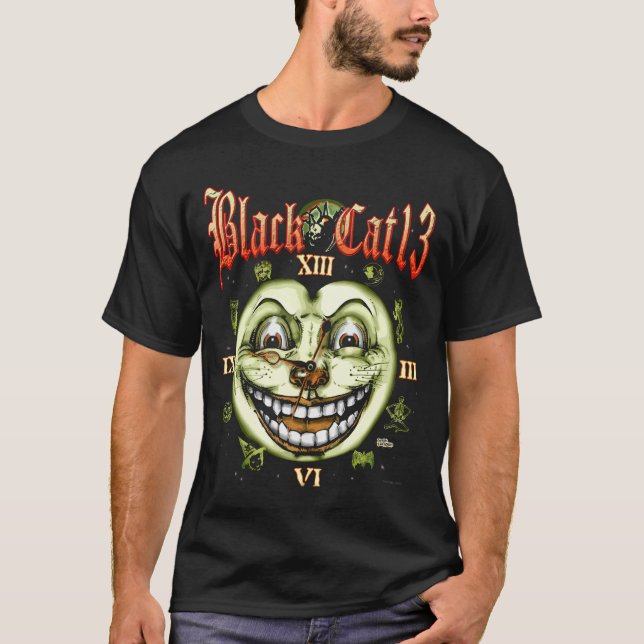 Camiseta Reloj Halloween del gato negro 13 (Anverso)