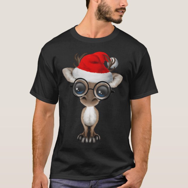 Camiseta Reno Bebé Con Sombrero De Santa Y Gafas (Anverso)