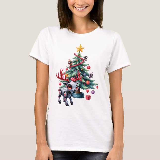 Camiseta Reno ciberpunk lindo con árbol de Navidad (Anverso)
