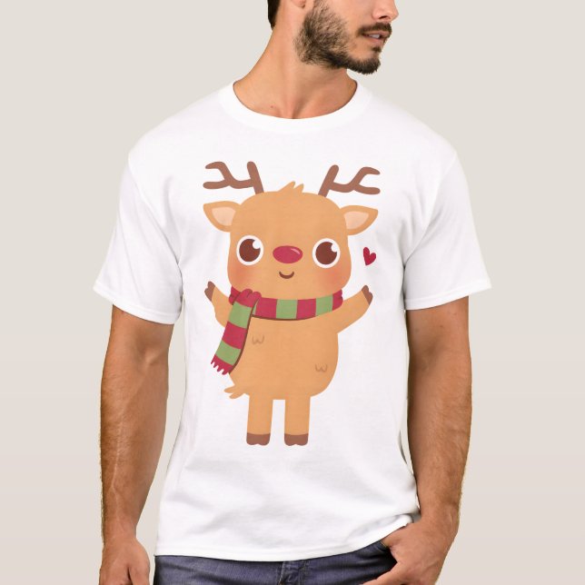 Camiseta Reno de nariz roja con bufanda a rayas (Anverso)
