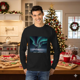 Camiseta Reno de Navidad Aurora Boreal Cielo Nocturno