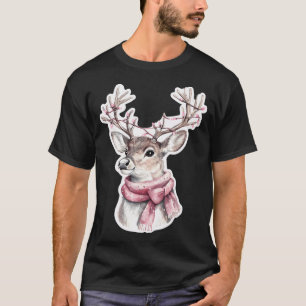 Camiseta Reno festivo con bufanda rosa y luces