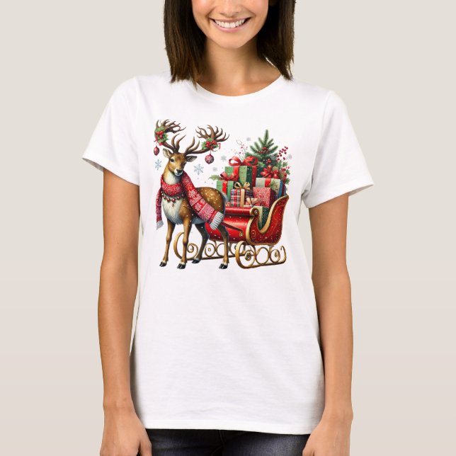 Camiseta Reno festivo con Navidades Sleigh y Regalos (Anverso)