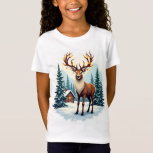 Camiseta Reno festivo en los bosques de cabinas nevadas