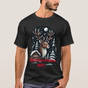 Camiseta Reno festivo en los bosques de cabinas nevadas